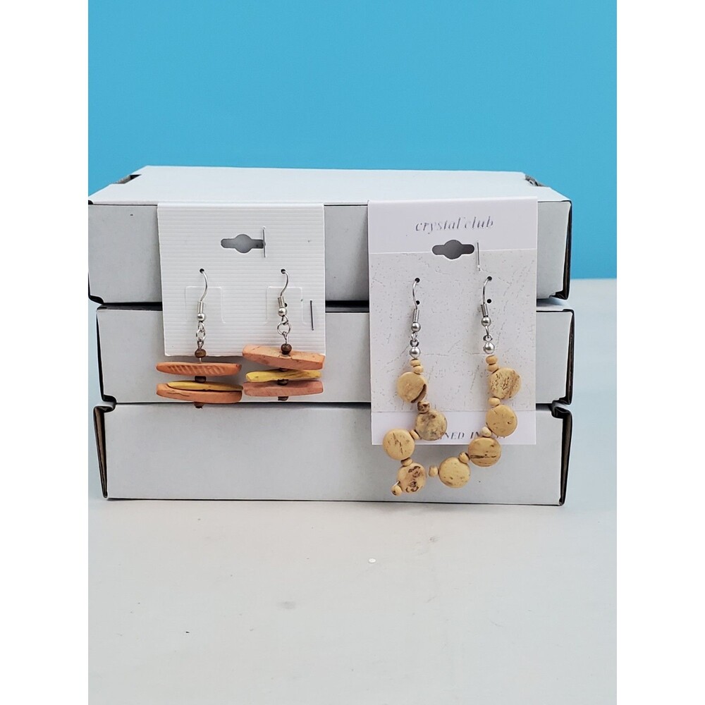 Boho Natural Tone Dangle Earrings Lot 2 Pairs: Marbled Disc Hoop & Stacked